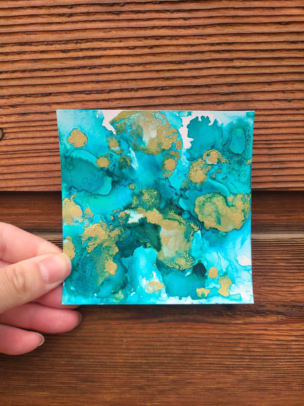 Teal & Gold Abstract Alcohol Ink Original Art Painting -Dreaming in Turquoise